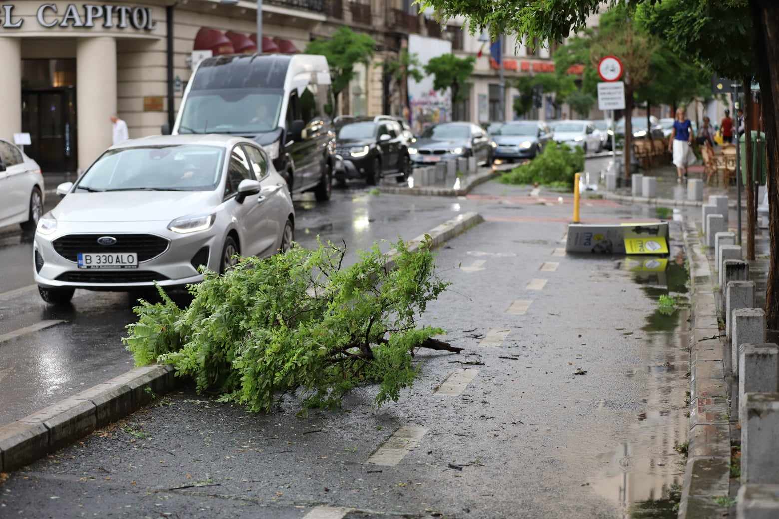 Ploaie torențială și grindină în București: zeci de copaci căzuți și surpare în carosabil pe o stradă. Pompierii au intervenit în mai multe zone