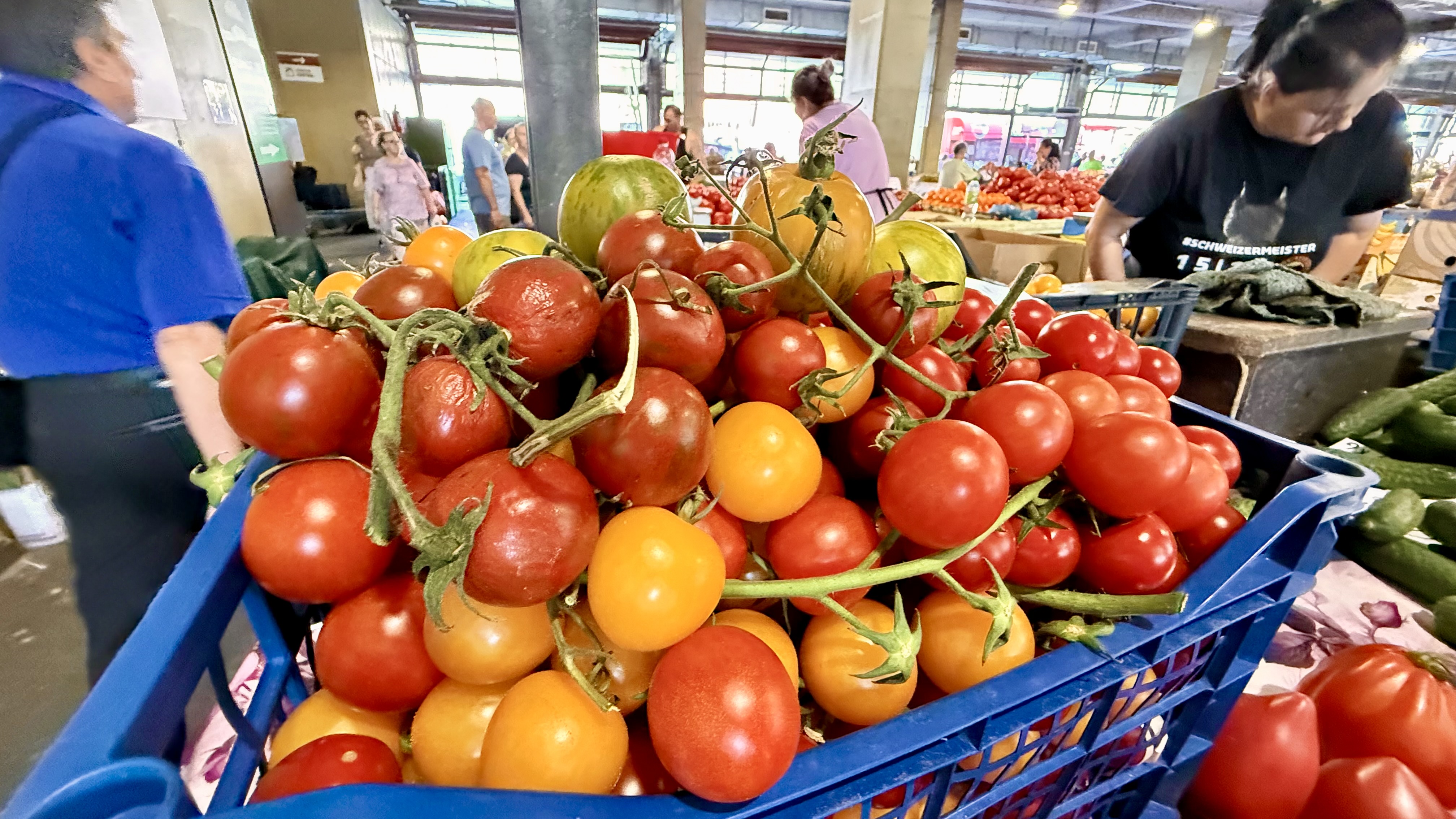 Toată lumea se oprește la această tarabă cu roșii din Piața Obor. Cât costă kilogramul de roșii negre, galbene și portocalii