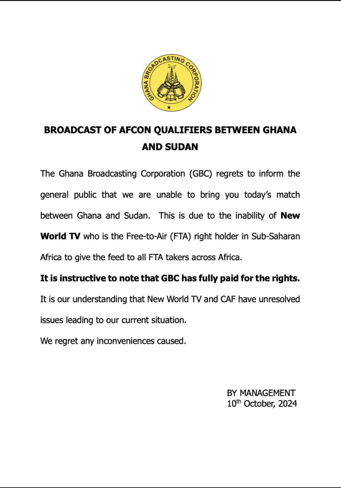 GBC says it will not broadcast Ghana vs Sudan match