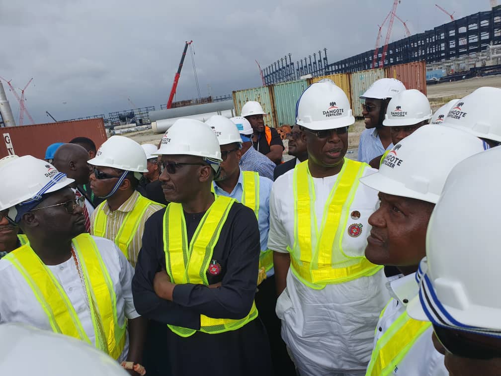 President of the Dangote Group, Mr Aliko Dangote, Minister of State for Petroleum Resources, Chief Timipre Sylva, Group Managing Director of NNPC, Malam Mele Kyari and Mr Samson Makoji, the Acting Spokesman for the Nigerian National Corporation (NNPC) during the inspection tour of the Dangote Refinery. [Twitter/@NNPCgroup]