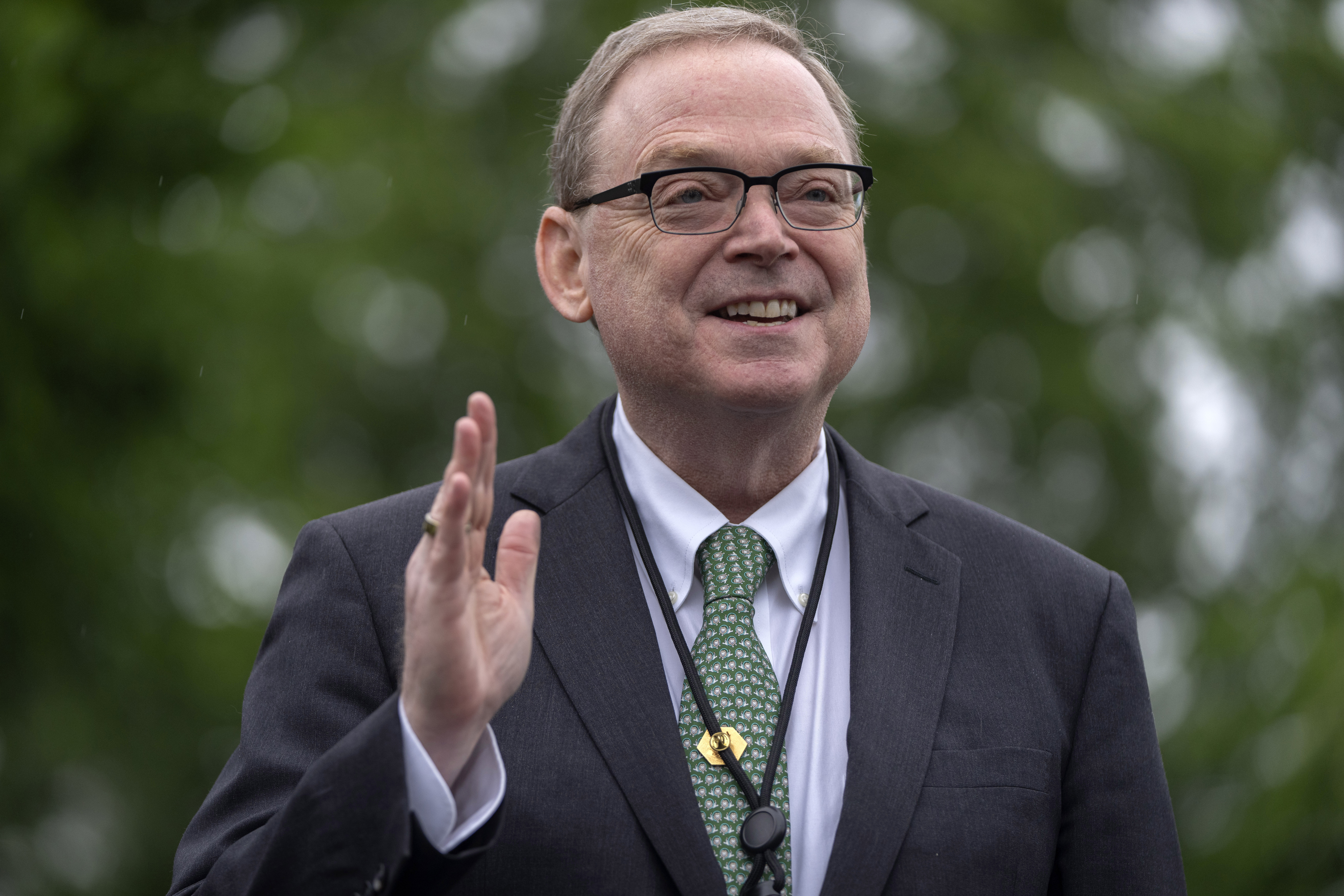 White House economic adviser Kevin Hassett speaks with reporters outside the White House, May 9, 2025, in Washington.