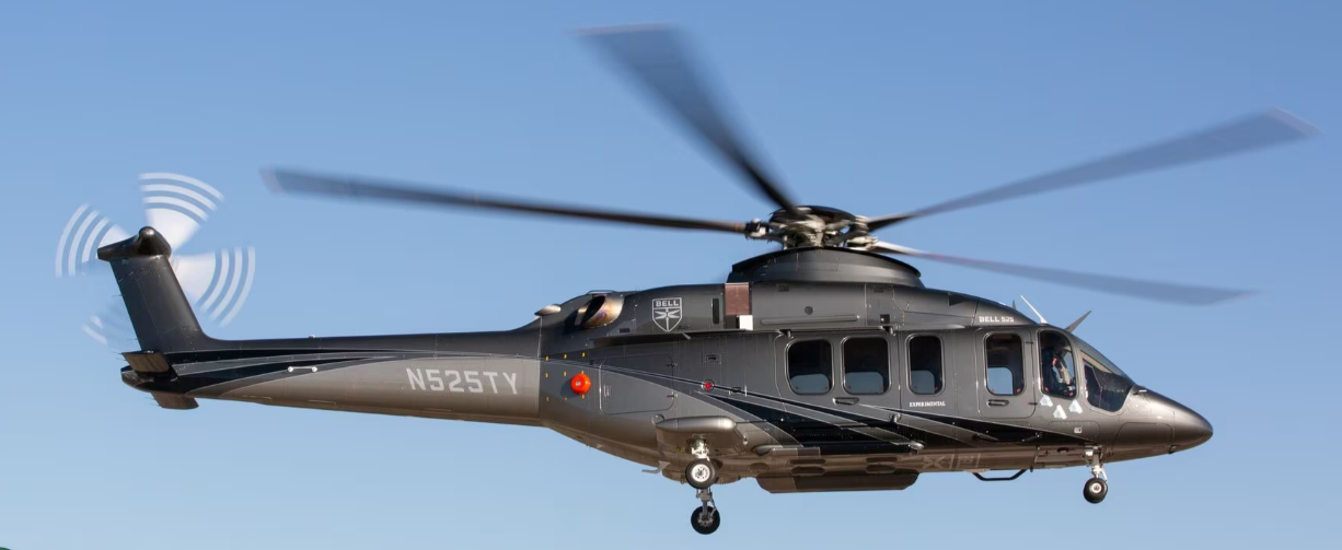 The Bell 525 accommodates up to 16 passengers and two pilots, and boasts a 184 mph cruise speed