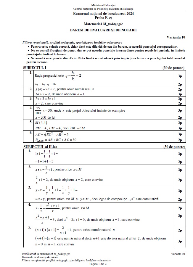 Baremul de corectare la matematică pentru Bacalaureat 2024, publicat pe EDU.ro