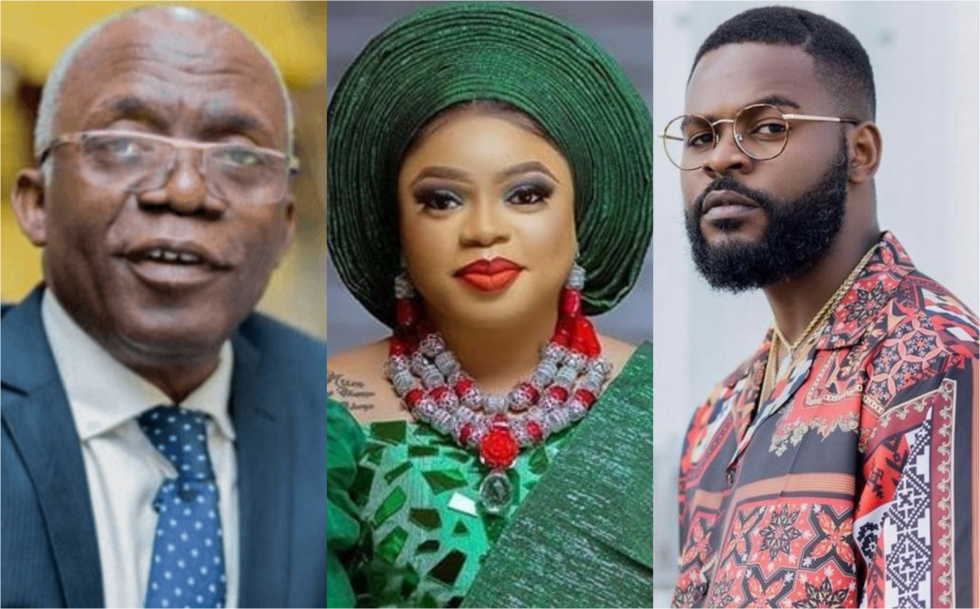 L-R: Human Rights lawyer, Femi Falana, Idris Okuneye aka Bobrisky and Folarin Falana aka Falz.