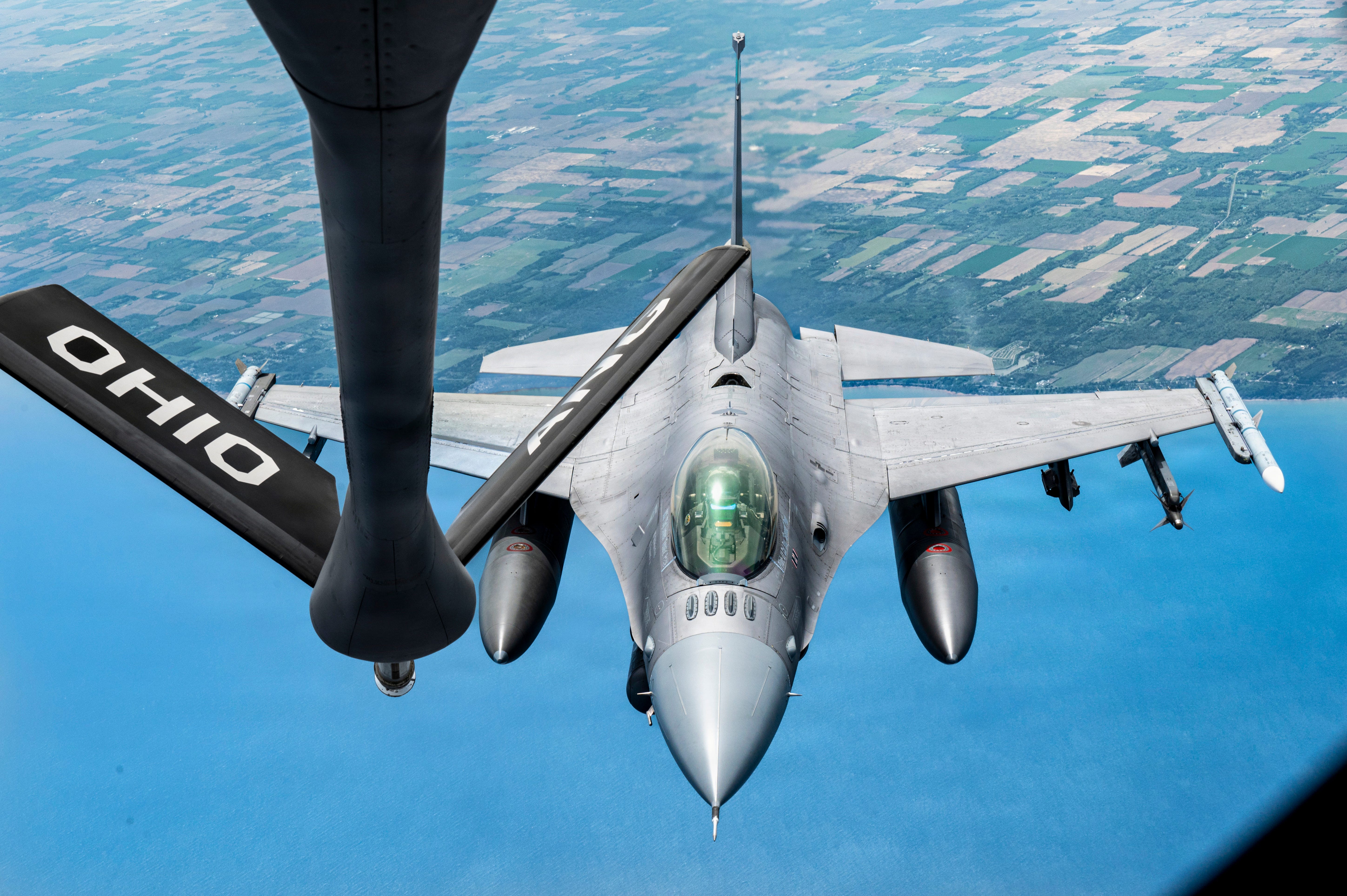 An Air Force F-16 jet and KC-135 Stratotanker prepare to refuel.Airman 1st Class Samir Harris/US Air National Guard