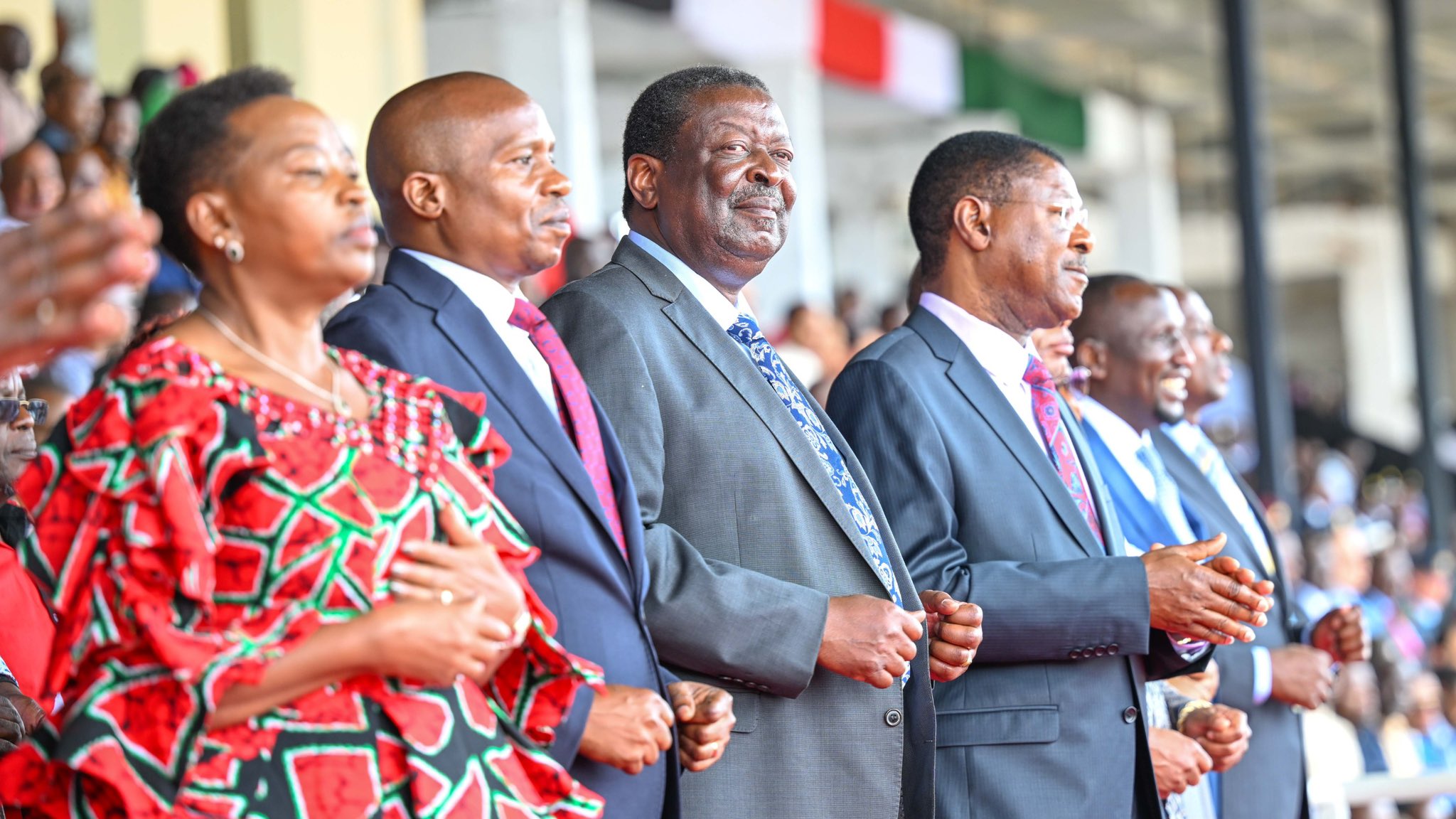 First Lady Rachel Ruto, Deputy President nominee Kithure Kindiki, Prime Cabinet Secretary Musalia Mudavadi, and Speaker Moses Wetangula at the 61st Mashujaa Day at the Kwale Stadium, Kwale County.