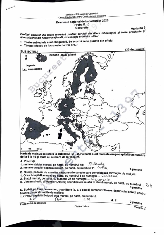 Subiectele şi baremele de corectare la Geografie la Bac 2026 au fost publicate