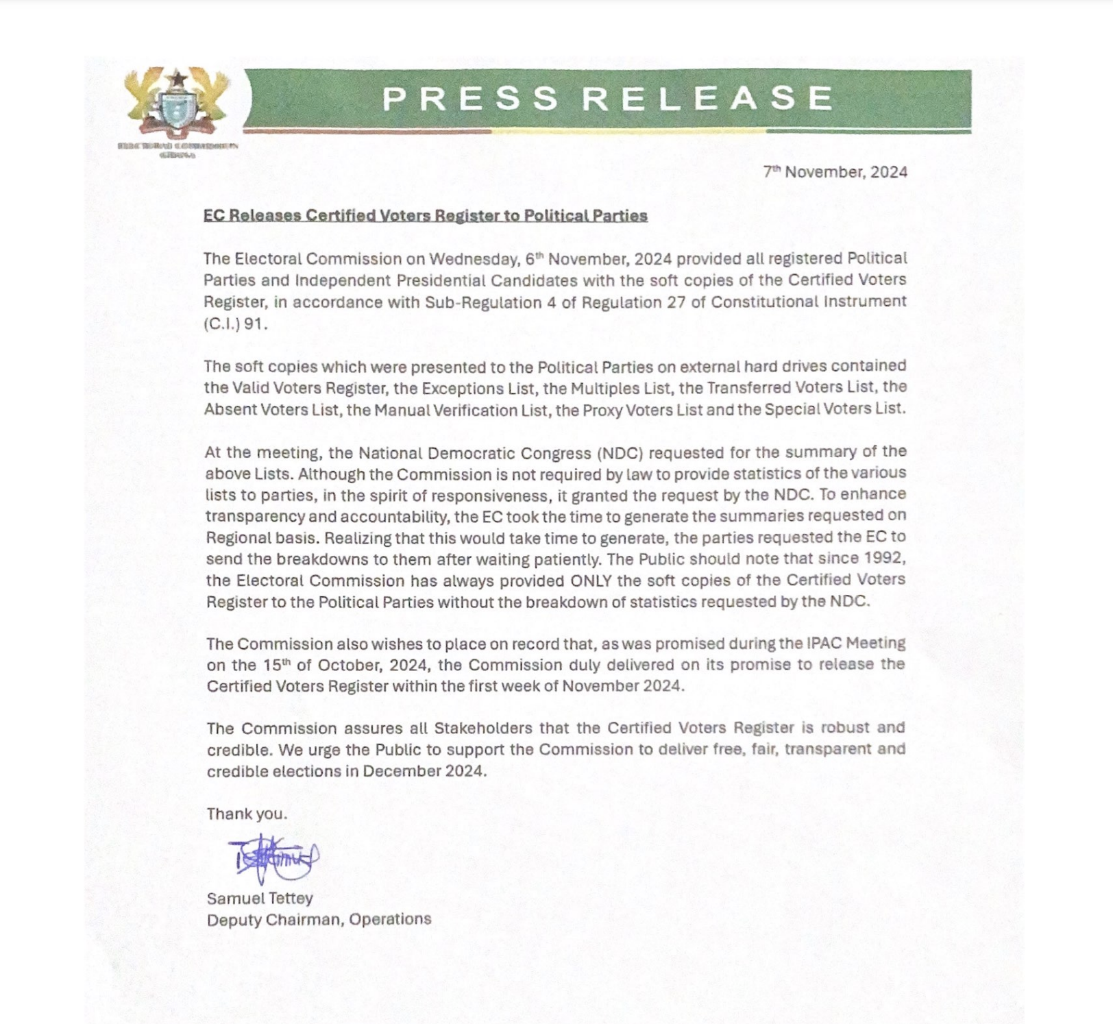 EC presents final voters’ register to political parties ahead of 2024 elections