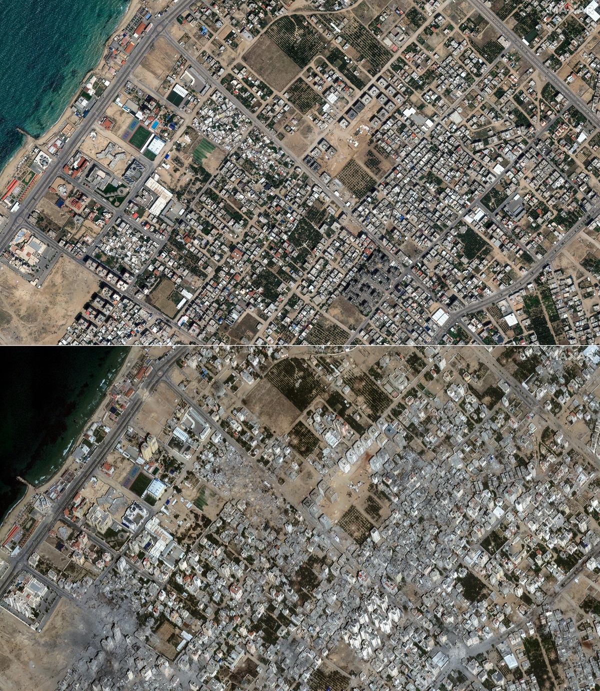 Gaza, înainte și după bombardamentele israeliene care, în trei săptămâni, au distrus cartiere și orașe întregi. VIDEO