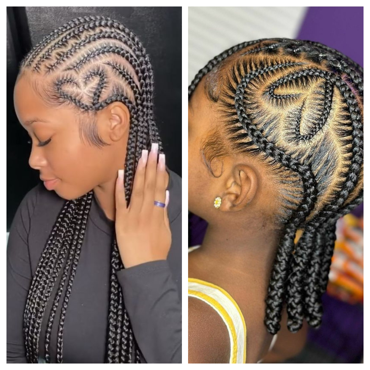 All-back braids with heart cornrow and two braided bang [Pinterest/naturallucurly]