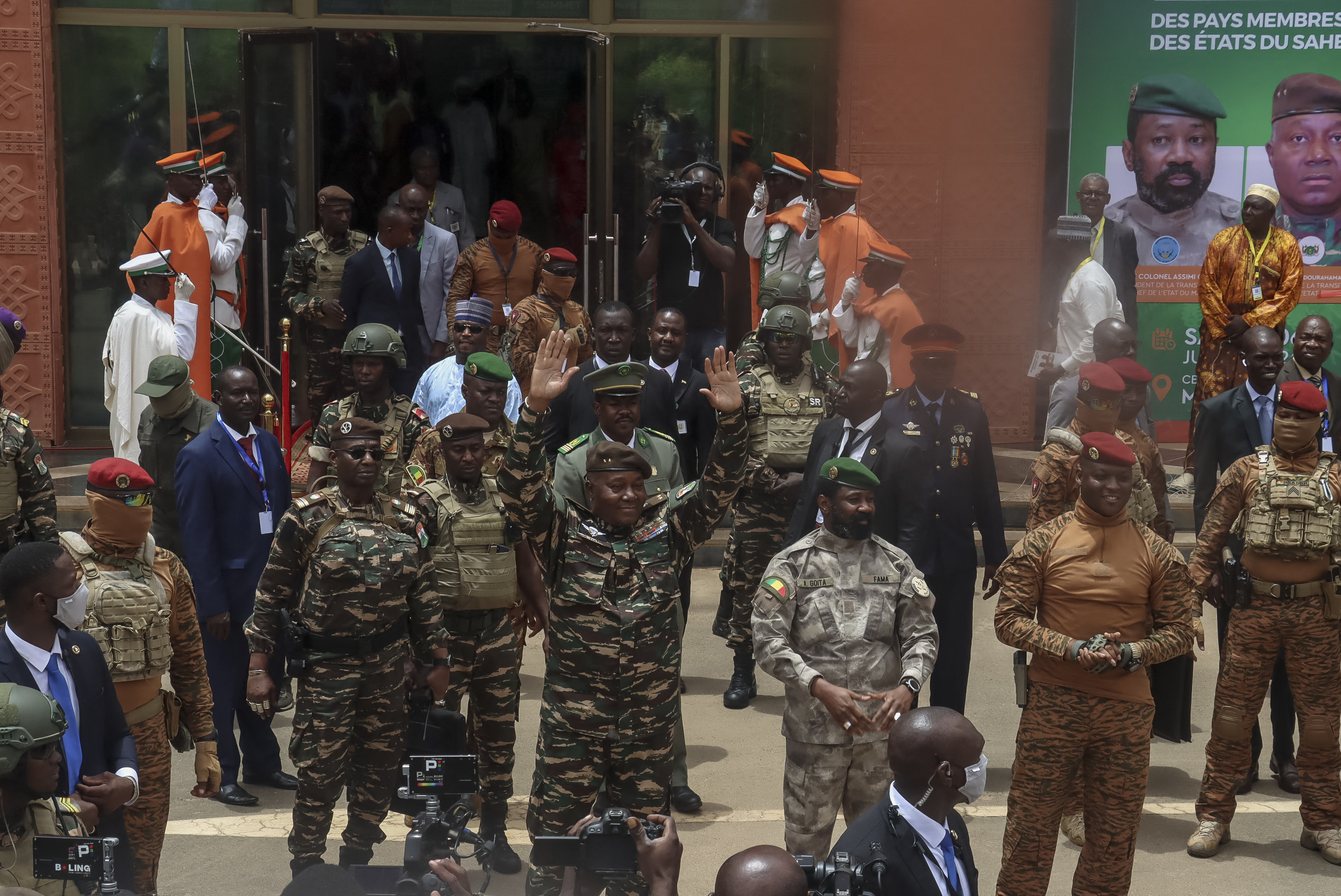 The head of head of Niger's military government General Abdourahamane Tiani (C), Malian Colonel Assimi Goita (3rd R) and Burkina Faso's Captain Ibrahim Traore (2nd R) arrive ahead of the Confederation of Sahel States (AES) summit in Niamey on July 6, 2024. [Photo by -/AFP via Getty Images]