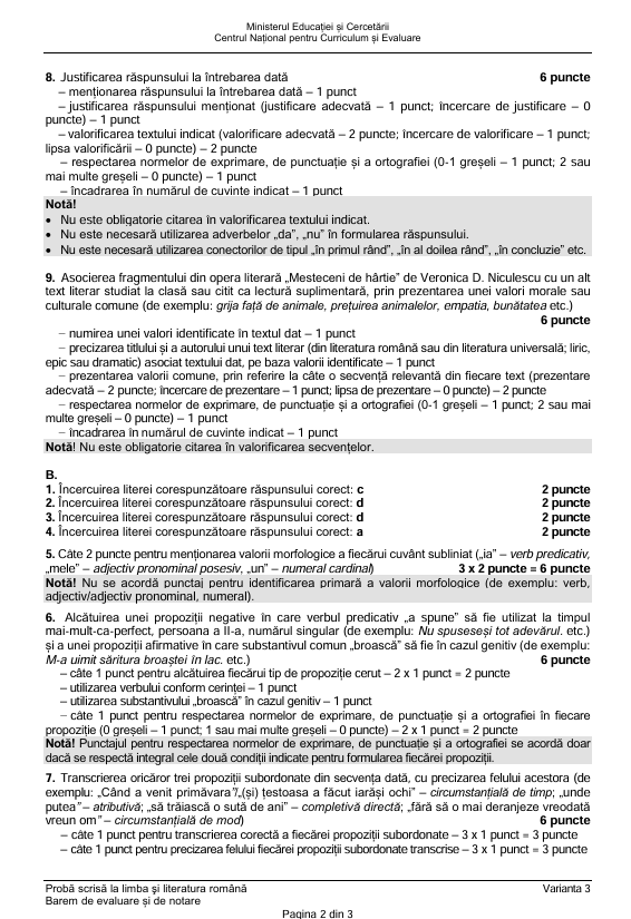 Baremul de corectare la limba română pentru Evaluarea Naţională 2026