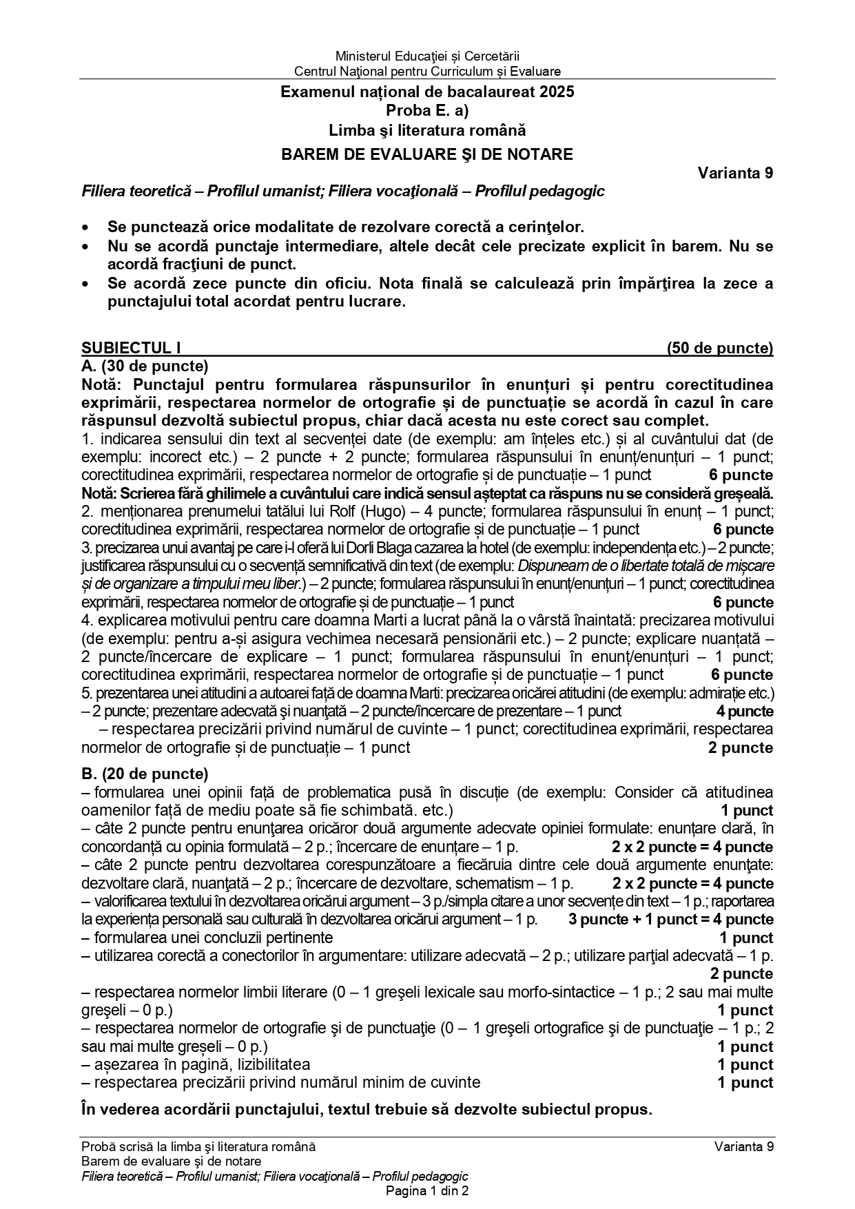Baremul de corectare la BAC Română 2025 - sesiunea de toamnă