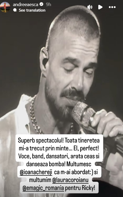 Andreea Esca, dată pe spate de Ricky Martin, pe care l-a văzut pe scenă la București: „Arată ceas și dansează bombă”