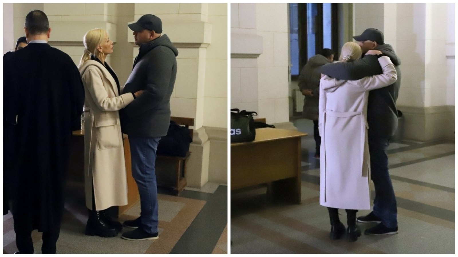 Laura Vicol și soțul ei, Vladimir Ciorbă, îmbrățișați chiar înainte să fie urcați în dubă și duși în arest, după ce au fost arestați preventiv