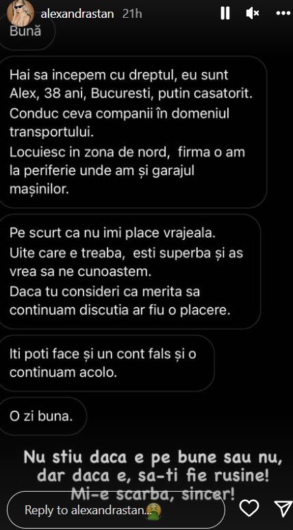 Alexandra Stan, revoltată după ce un bărbat căsătorit i-a propus să fie amanta lui: „Să-ți fie rușine!”