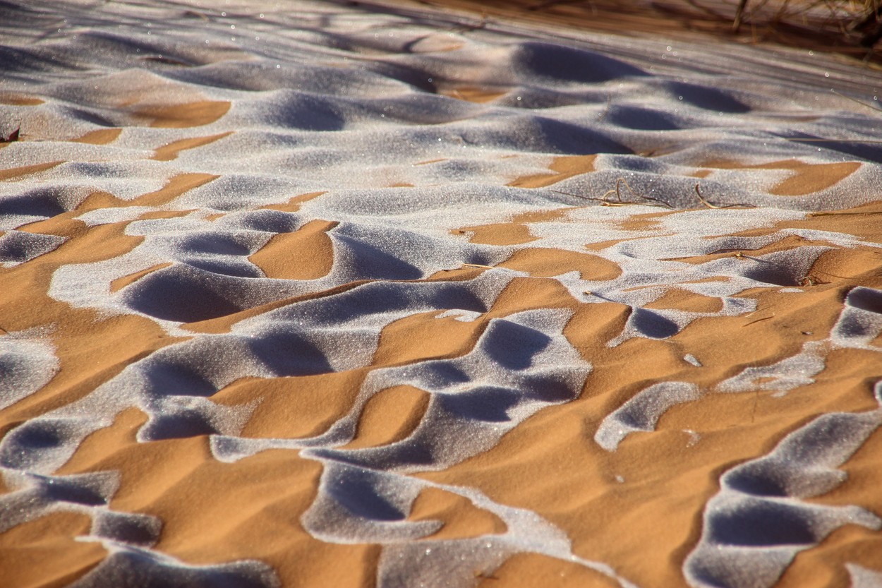 Dune de nisip, acoperite de zăpadă. Fenomen rar în deșertul Sahara