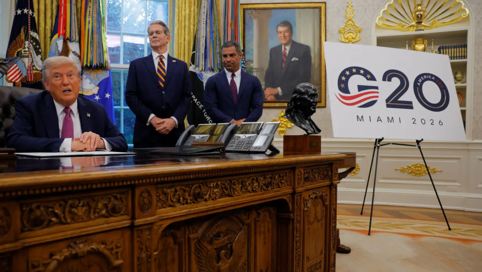 US President Donald Trump will host the G20 summit in Miami in December 2026, listing 19 countries and regional organisations including the African Union and EU in the summit's attendance. (Image: Brian Snyder | Reuters)