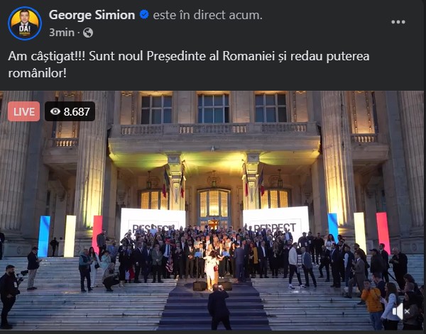 George Simion a postat pe Facebook că a câștigat alegerile prezidențiale. Sondajele exit poll îl contrazic