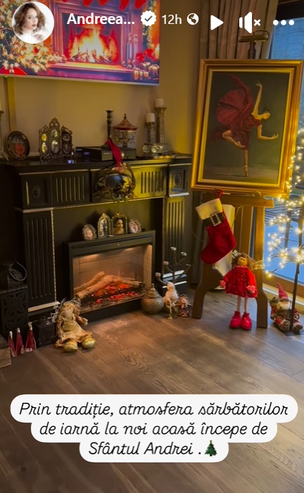 Imagini din casa Andreei Marin, decorată de Crăciun. În sufragerie are mai mulți brazi împodobiți, iar masa festivă e gata