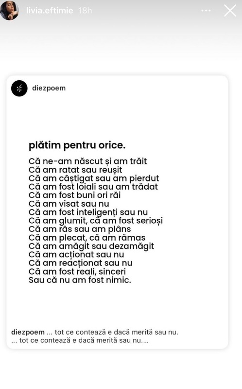 Noul mesaj al Liviei, fosta soție a lui Cătălin Bordea: „Plătim pentru orice. Tot ce contează e dacă merită sau nu”. Are o relație cu Spike