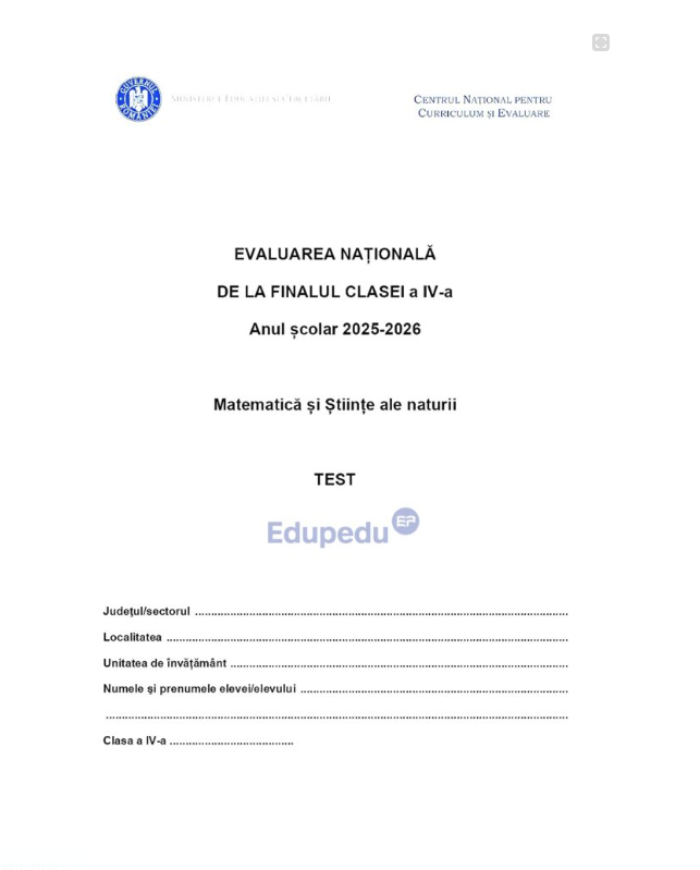 Subiecte Evaluarea Națională 2026, clasa a IV-a, proba la Matematică și Științe ale naturii: „Iulia a cumpărat o insignă pentru care a plătit 9 lei și 98 de bani. Cât reprezintă suma doar în bani?”