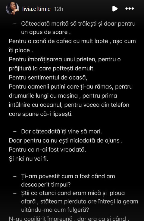 Mesajul transmis de Livia la un an de la divorțul de Cătălin Bordea. „Câteodată îți vine să mori. Doar pentru că nu ești niciodată de ajuns”