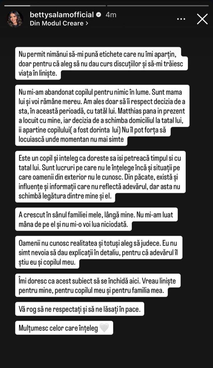Betty Salam reacționează după ce a fost criticată că a renunțat la custodia copilului ei. „Nu știți nici pe sfert adevărul”