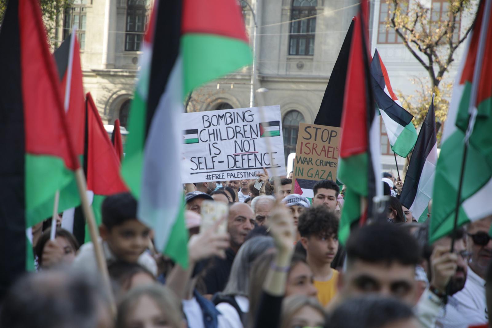 „Suntem aici pentru civili, nu pentru Hamas!” Protest pro Palestina în București. Astfel de manifestații au fost interzise în alte țări din Europa