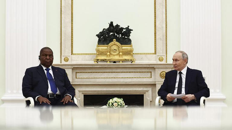 Russian President Vladimir Putin, right, and the President of the Central African Republic Faustin-Archange Touadera meet in Moscow, Russia, Thursday, Jan 16, 2025