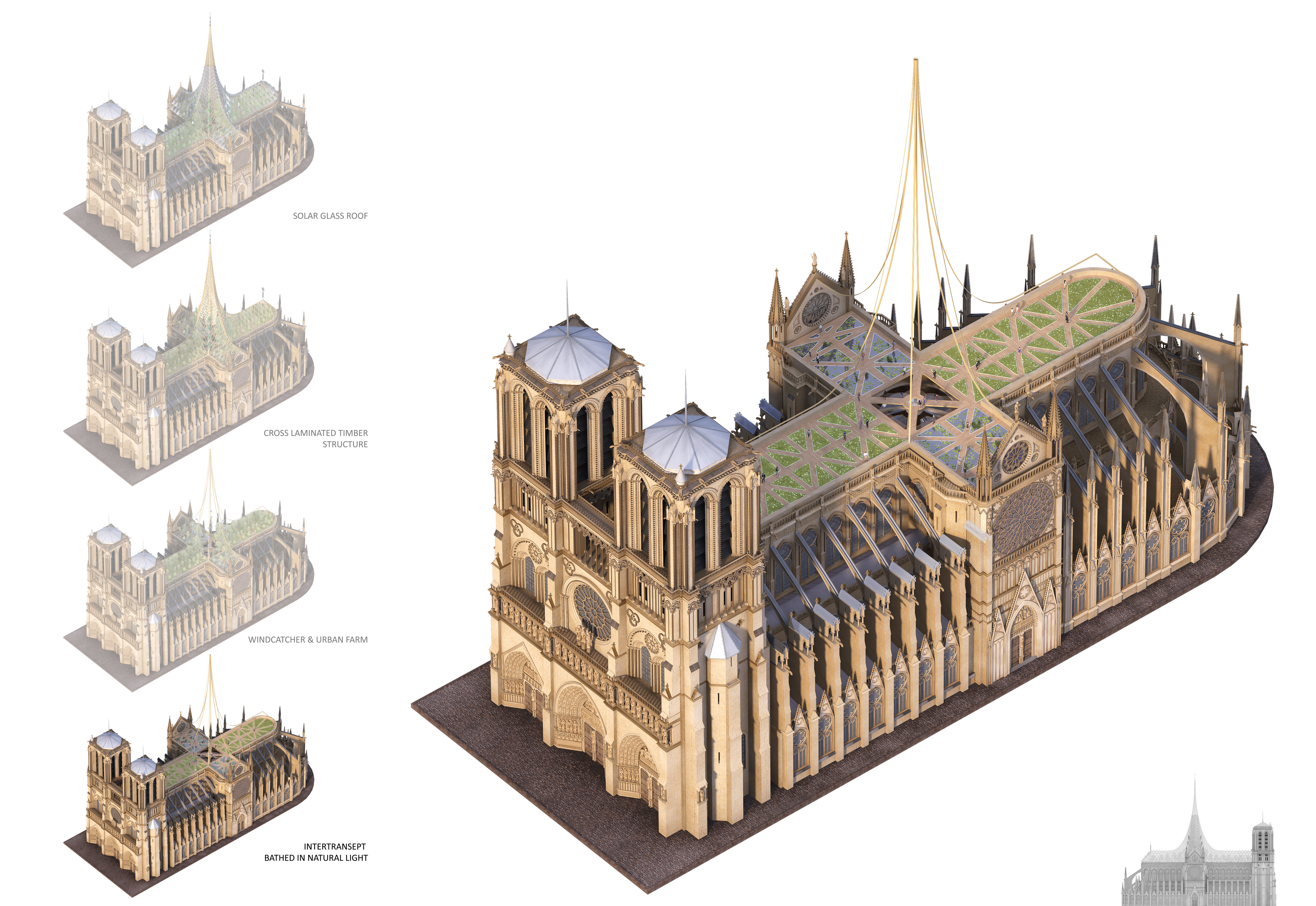 FOTO | Planul unui arhitect vizionar pentru restaurarea Catedralei Notre-Dame: O grădină de meditație și o fermă pe acoperișul clădirii la adăpostul unui dom din sticlă