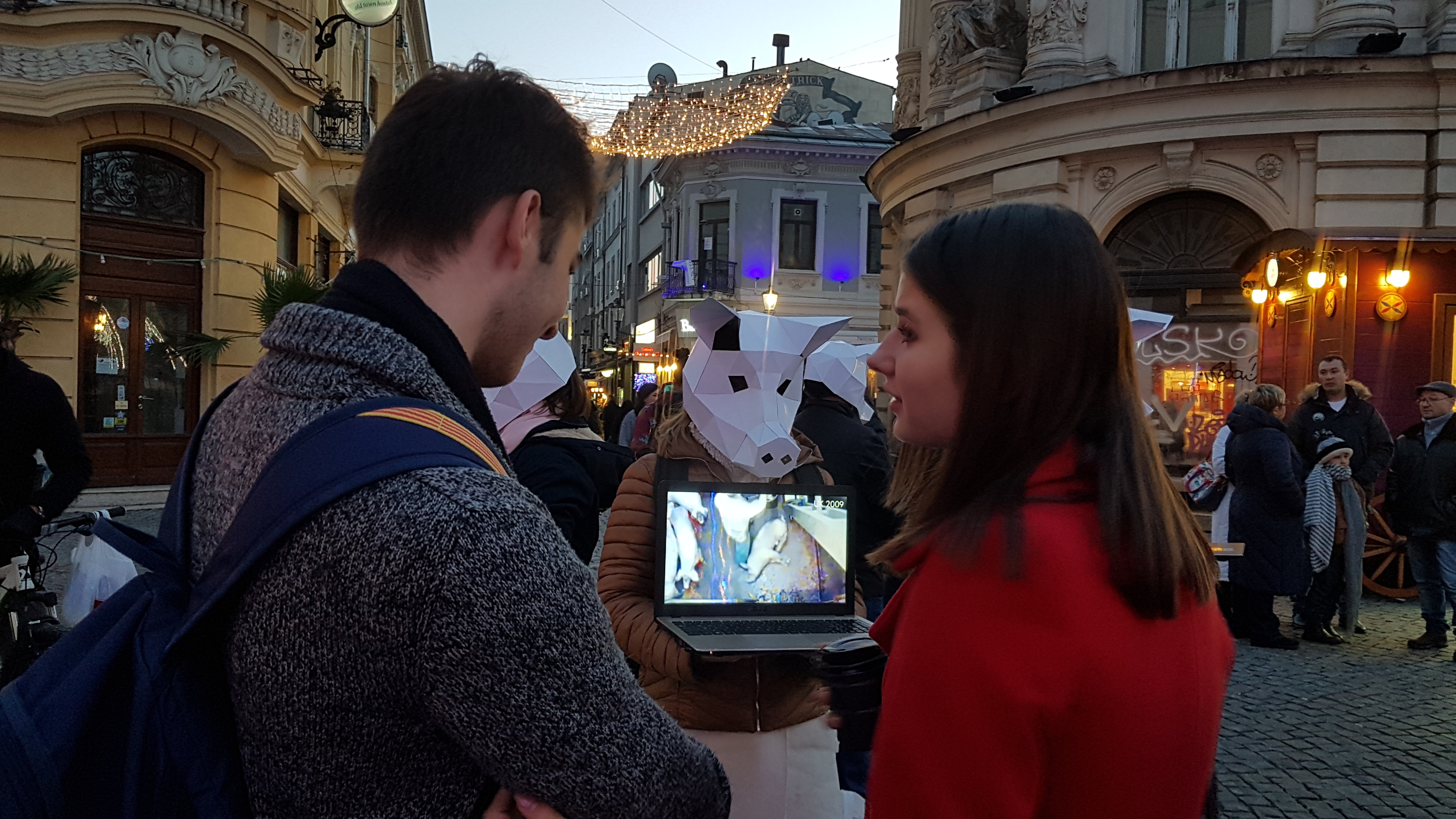 VIDEO|Veganii au ieșit în Centrul Vechi cu măști de porc pe față. Câți români ar renunța la tochitură, de Sărbători