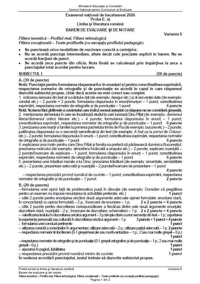 Baremul de corectare la BAC Română 2026
