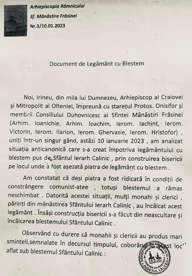 Mitropolitul Irineu al Olteniei blestemă preoții și credincioșii care frecventează o biserică despre care spune că a fost construită pe un loc blestemat. Reacția Patriarhiei