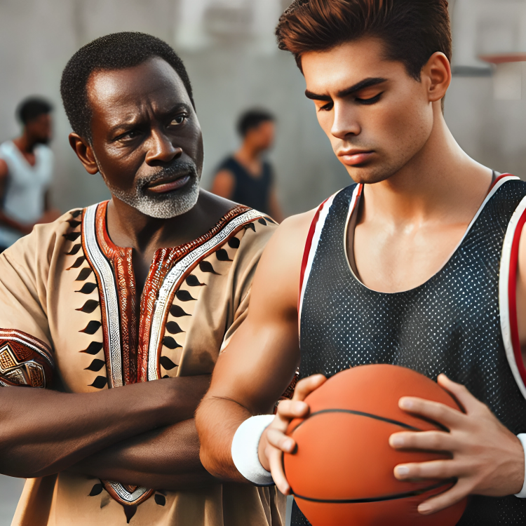 A scene of a jealous African father and his young adult son in a sports setting The father, in his mid-50s, looks enviously at his son, who is in his