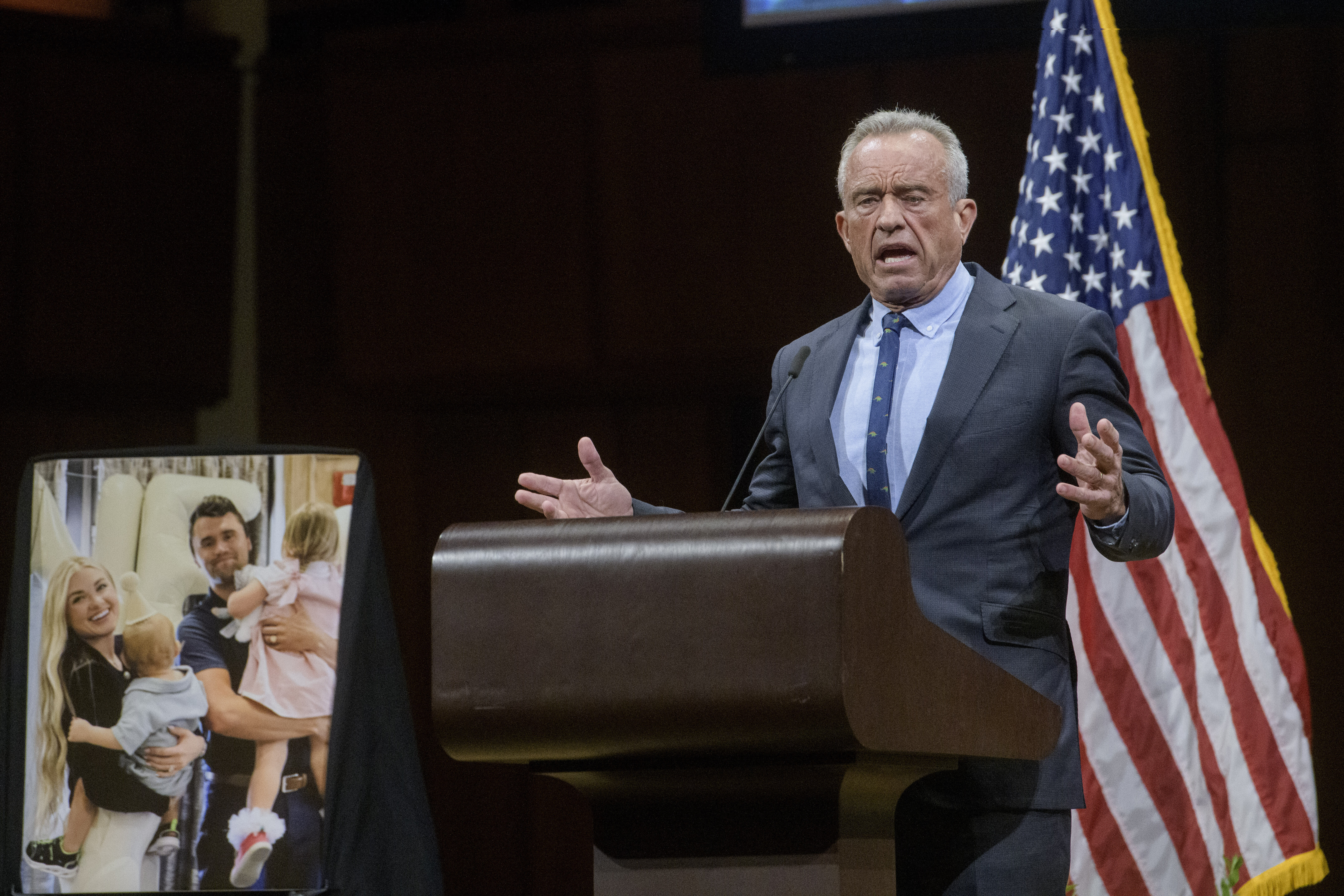Secretary of Health and Human Services Robert F. Kennedy Jr. speaks during a memorial and prayer vigil for Charlie Kirk at the John F. Kennedy Memorial Center for the Performing Arts, Sunday, Sept. 14, 2025, in Washington. (AP Photo/Rod Lamkey, Jr.)