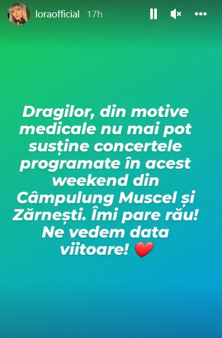 Lora și-a anulat concertele din acest weekend. Ce se întâmplă cu cântăreața: „Eu joc mima următoarele cinci zile”
