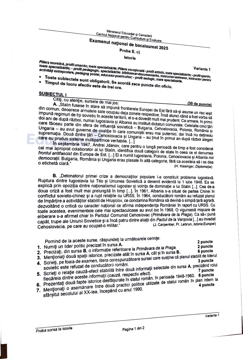 Baremul de corectare la BAC Istorie 2025