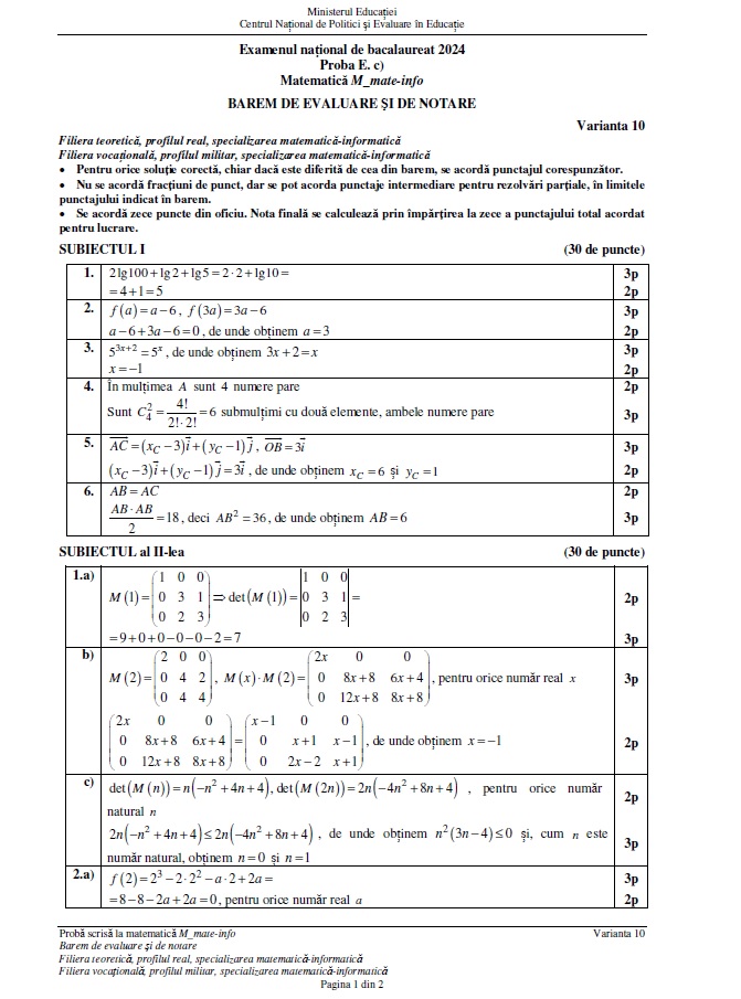 Baremul de corectare la matematică pentru Bacalaureat 2024, publicat pe EDU.ro