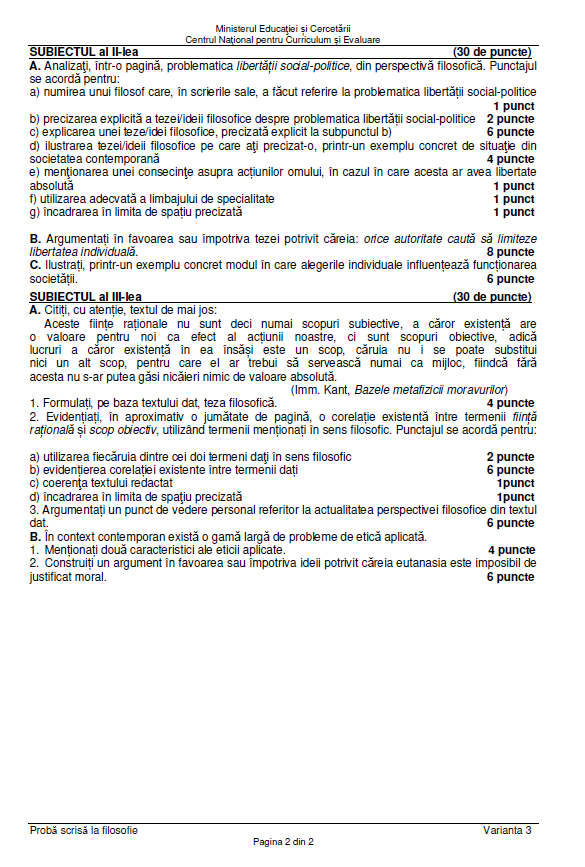 Subiecte Filosofie la Bac 2026. Baremul de corectare a fost publicat