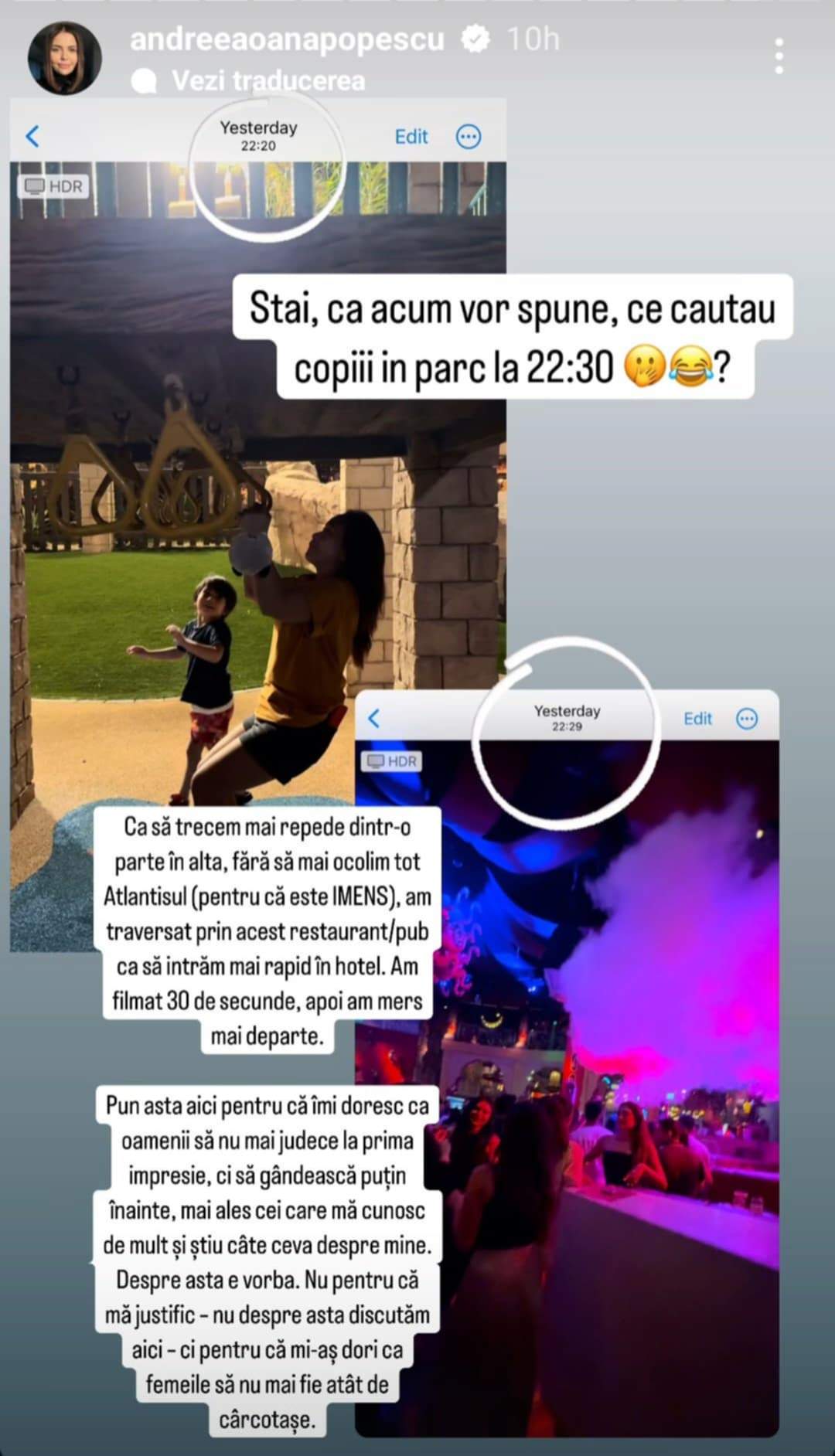 Andreea Popescu a reacționat după ce a fost acuzată că și-a dus copiii în club. „Îmi cer iertare mamelor perfecte”