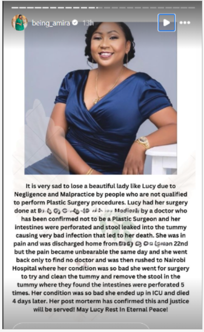 A screenshot of Amira's post where she explained the alleged plastic surgery incident that led to death of a lady at a Nairobi clinic