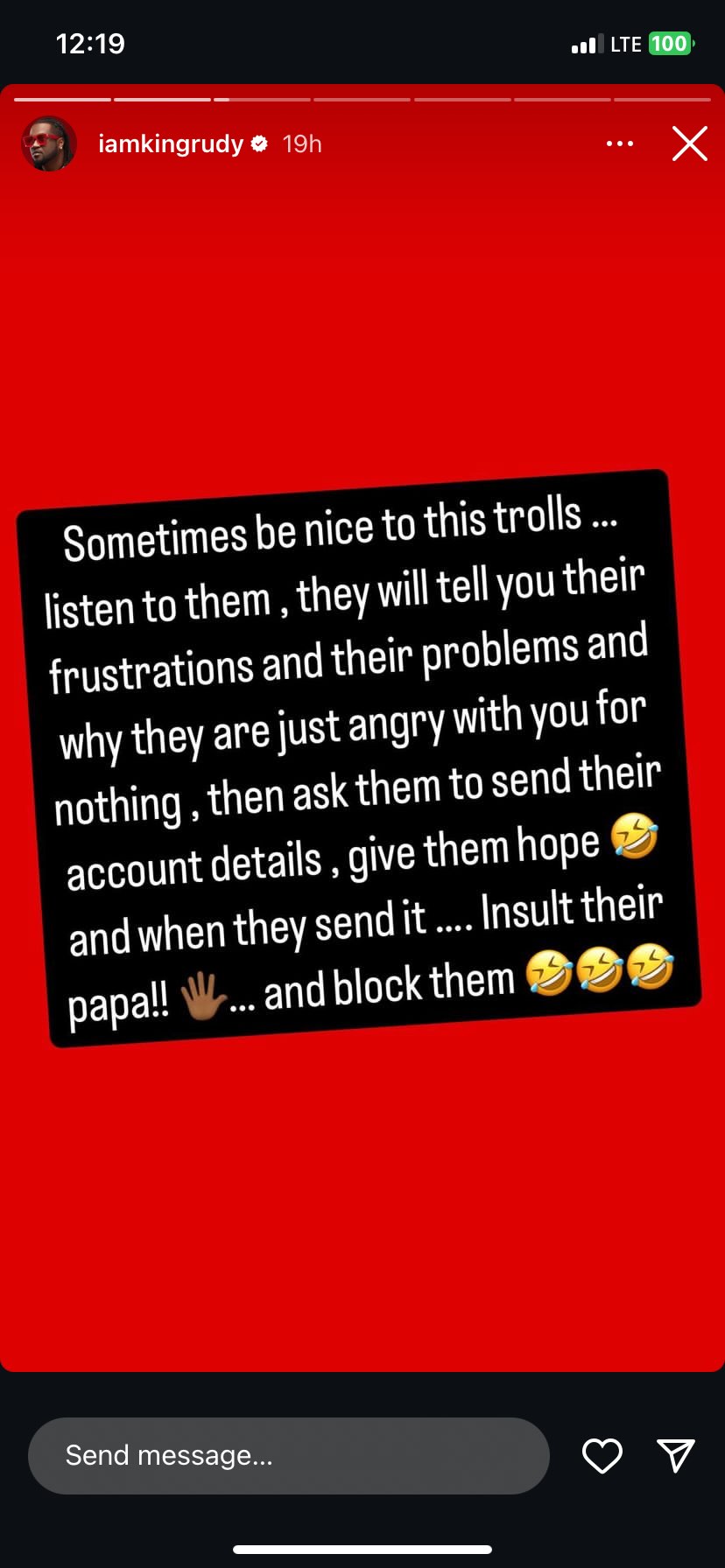 Rudeboy's post on dealing with trolls [Instagram/Iamkingrudy]