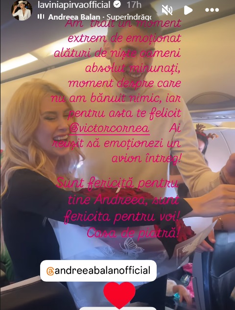 Lavinia Pîrva, martoră când Andreea Bălan a fost cerută în căsătorie de Victor Cornea. Nu a bănuit nimic: „Un moment extrem de emoționant”