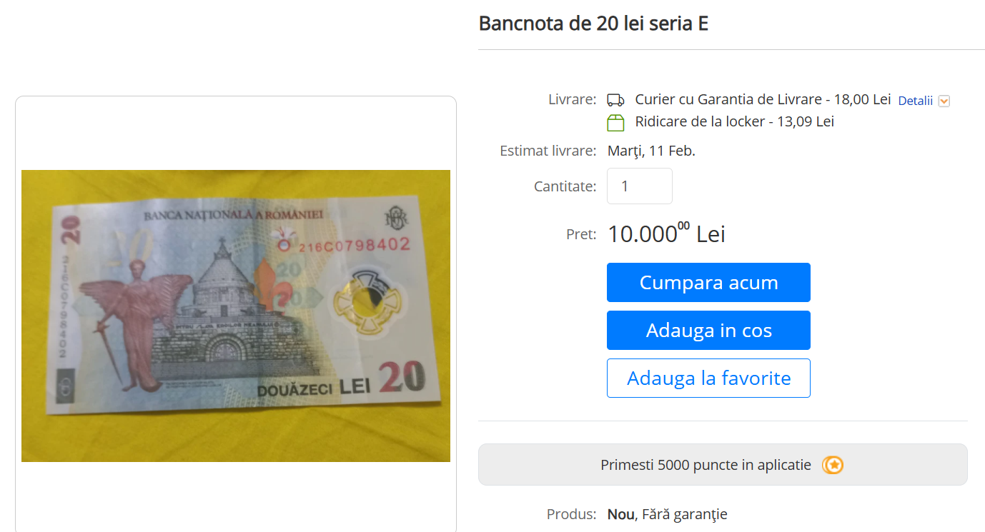 Cât costă o bancnotă de 20 de lei care e în circulație, dar e atât de rară, încât colecționarii se bat pe ea