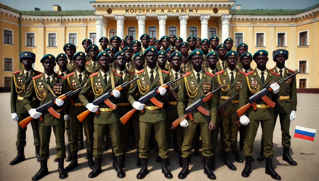 An AI image of a group of African students wearing Russian military uniforms, holding barrels of guns.