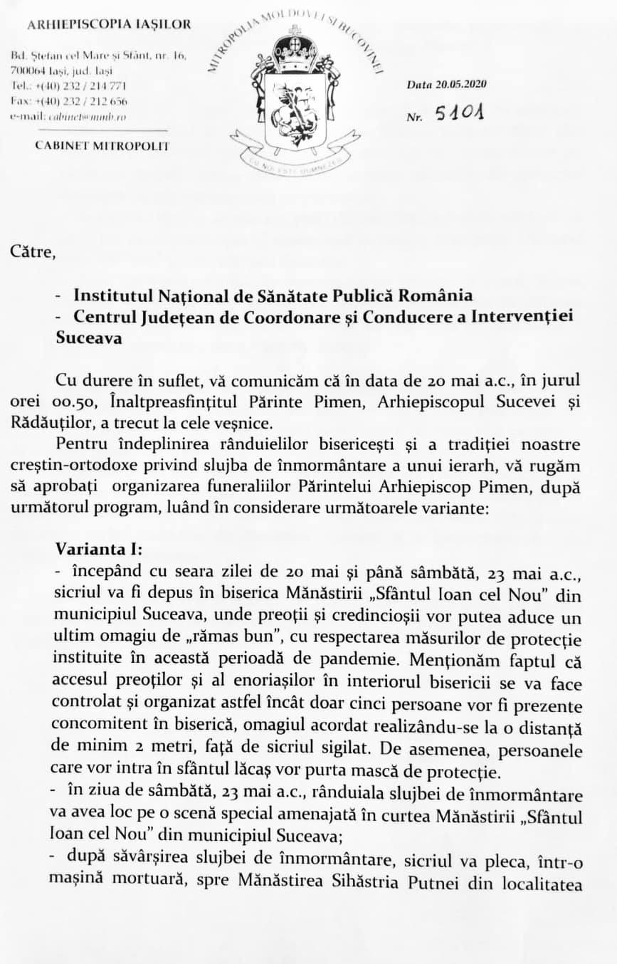 Instituția lui Arafat anunță că acordul pentru funeraliile lui Pimen nu a prevăzut și o derogare de la normele de sănătate publică