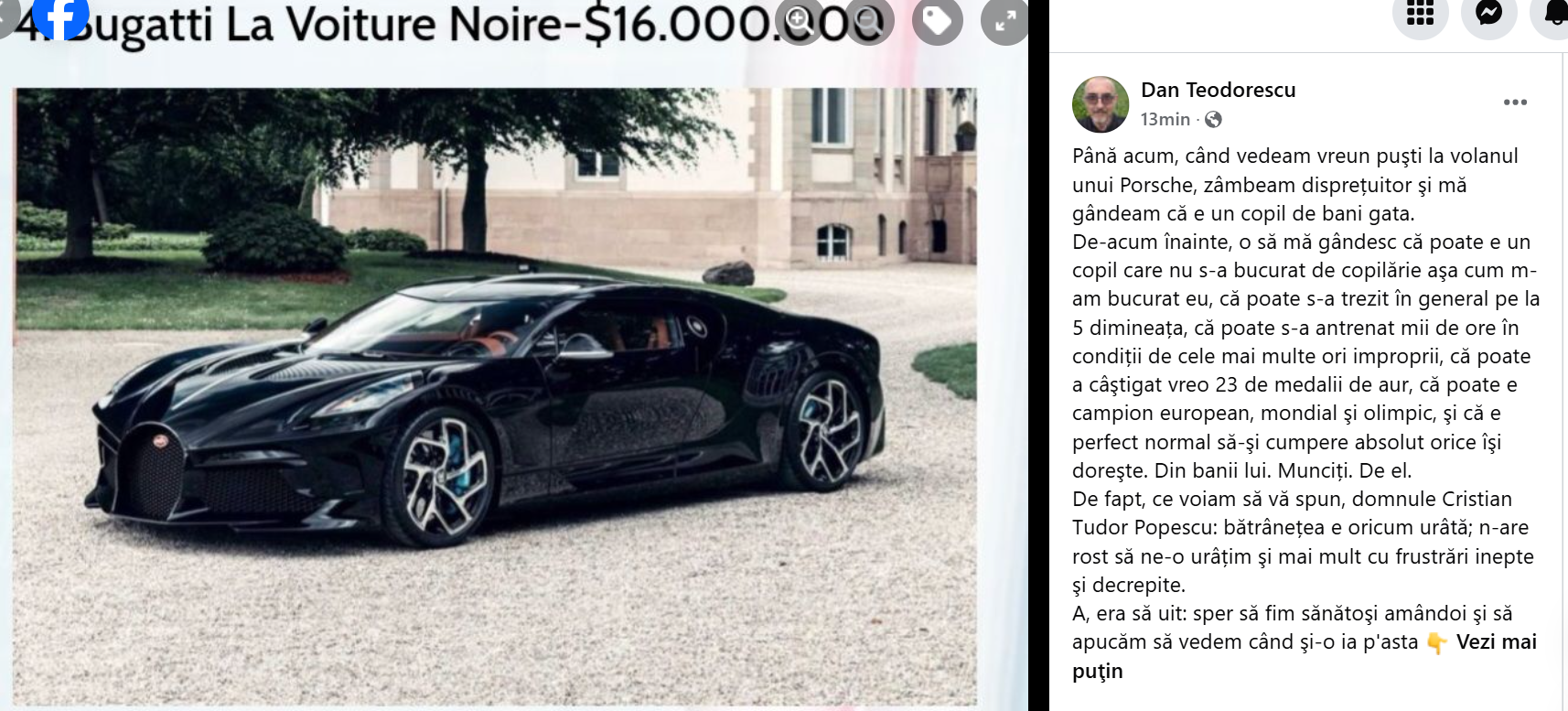 Dan Teodorescu, mesaj dur pentru Cristian Tudor Popescu, după ce jurnalistul l-a criticat pe David Popovici că și-a cumpărat un bolid de 120.000 de euro. „Bătrânețea e oricum urâtă”