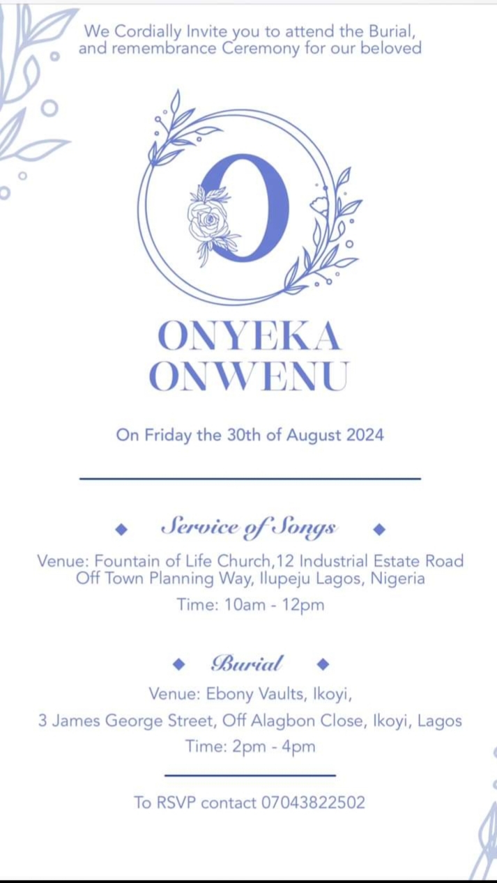 Onyenka Onwenu's burial details [Punchnewspapers]