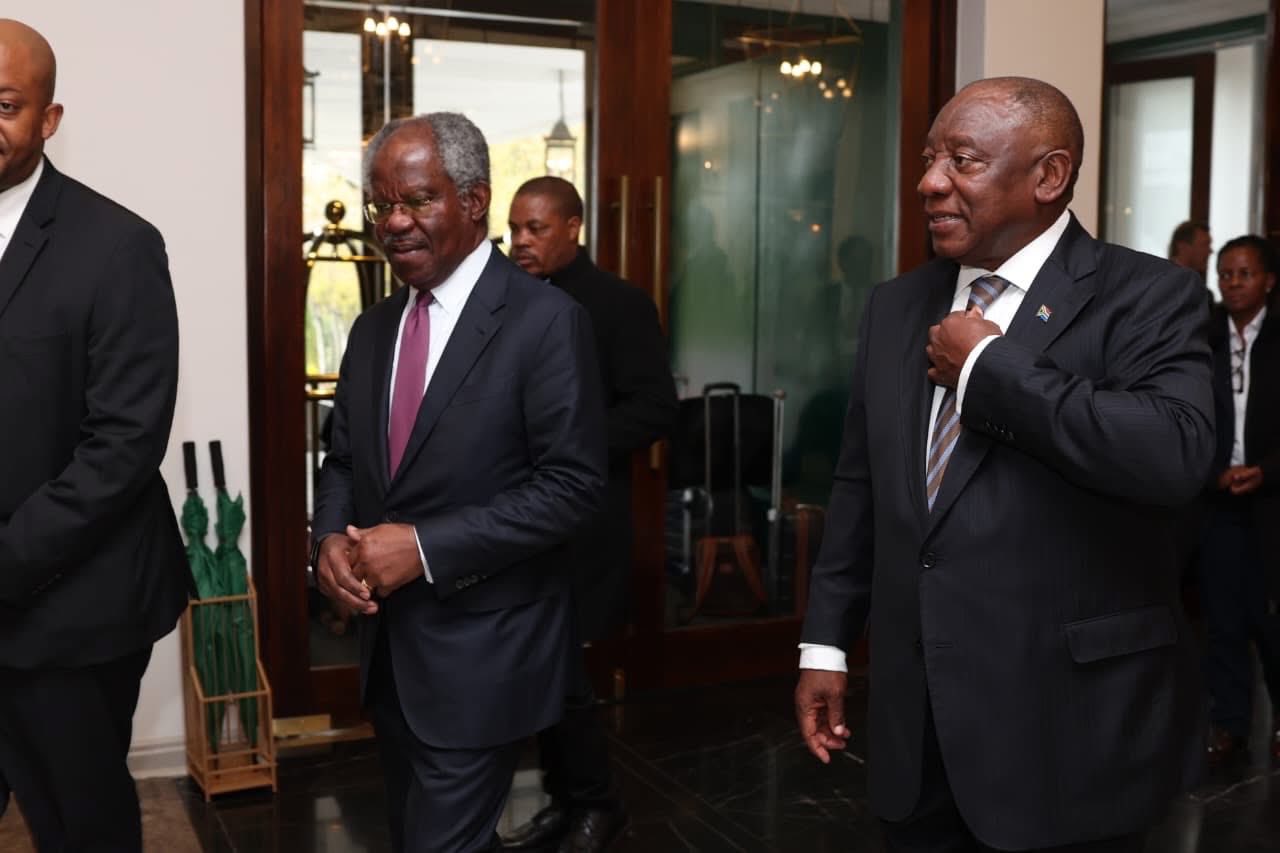 Nigerian billionaire, Ogunlesi with President Cyril Ramaphosa during the BlackRock South Africa Infrastructure Investment Summit in Cape Town